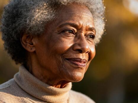 Short Gray Curls in Golden Light — short gray natural haircut on a Black woman over 70