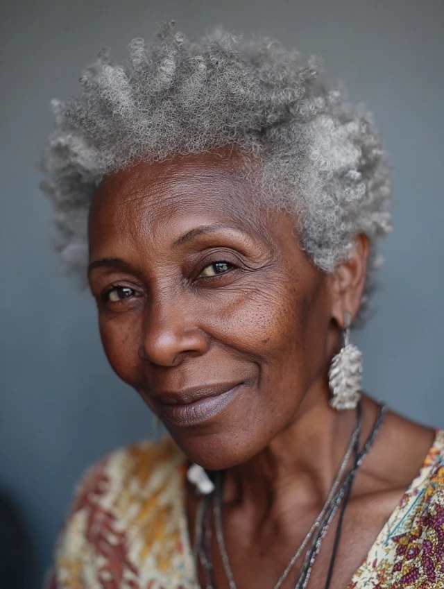 Short Silver Curls, Softly Rounded — short gray natural haircut on a Black woman over 70