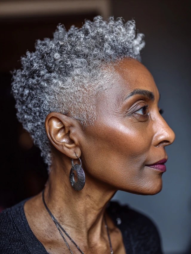 The Silver Tapered Mohawk in Profile — short gray natural haircut on a Black woman over 70