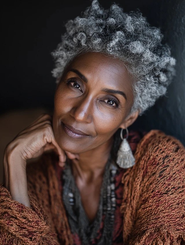 Short Silver Finger Curls — short gray natural haircut on a Black woman over 70