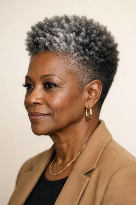 The Salt-and-Pepper Tapered Crop — short gray natural haircut on a Black woman over 70