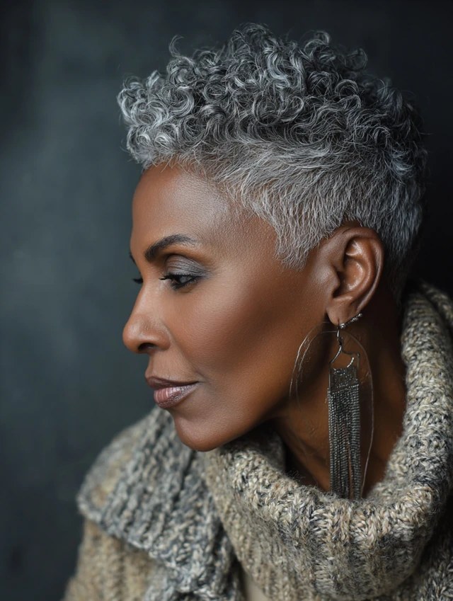 Gray Curly Taper With a Soft Fringe — short gray natural haircut on a Black woman over 70