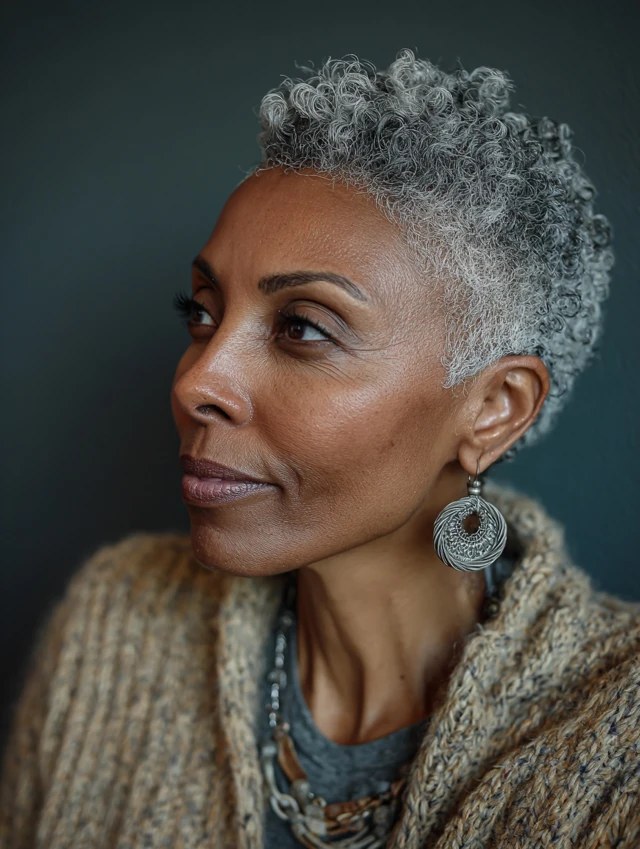 The Short Silver Curl Crop With Earrings — short gray natural haircut on a Black woman over 70