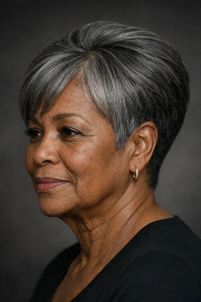 The Sleek Gray Pixie in Profile — short gray natural haircut on a Black woman over 70