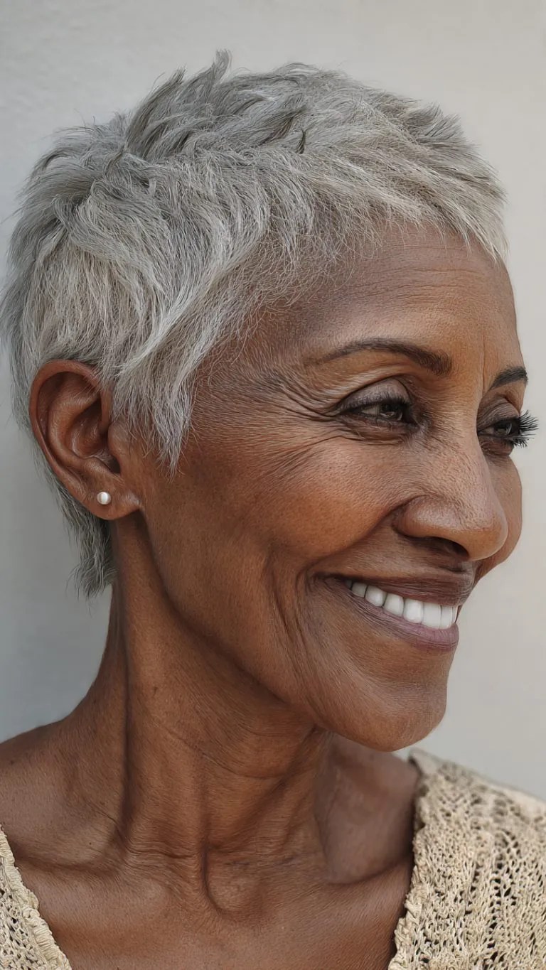 The White Pixie and a Joyful Smile — short gray natural haircut on a Black woman over 70
