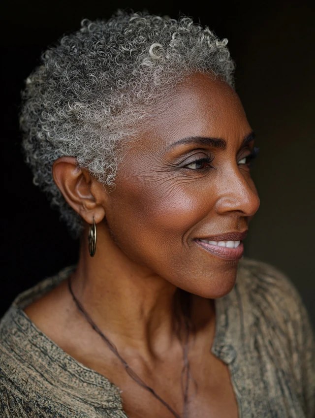 The Close Silver Crop in Profile — short gray natural haircut on a Black woman over 70