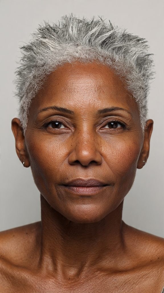 The Spiky Silver Pixie Crop — short gray natural haircut on a Black woman over 70