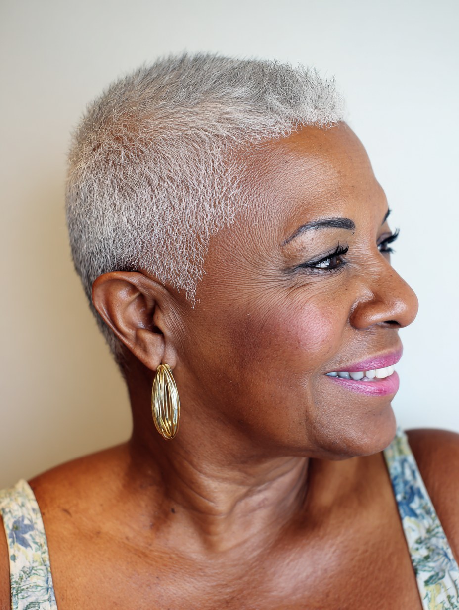 The Silver Buzz With Soft Edges — short gray natural haircut on a Black woman over 70