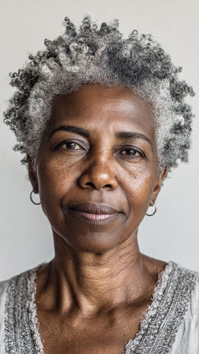 Short Gray Curls, Neat and Natural — short gray natural haircut on a Black woman over 70
