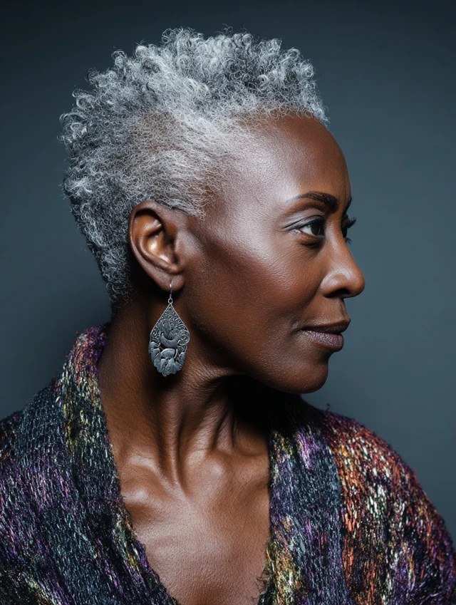 The Tapered Silver Cut in Profile — short gray natural haircut on a Black woman over 70