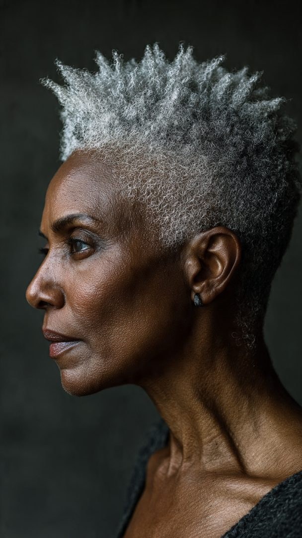 The Silver Mohawk Statement — short gray natural haircut on a Black woman over 70