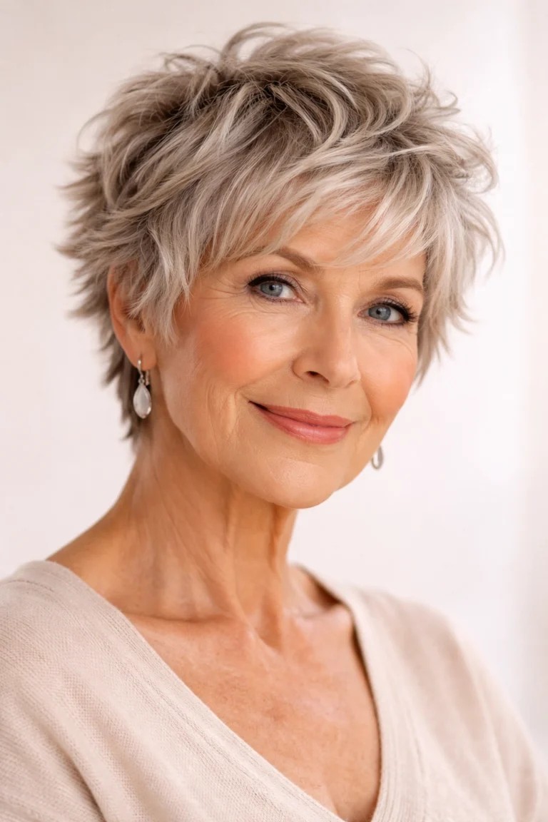 Woman over 70 with textured pixie with a piecey fringe — flattering bangs hairstyle for women over 70