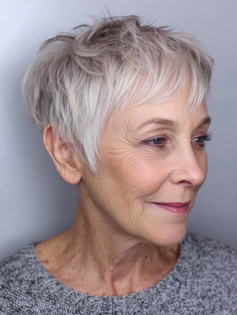 Woman over 70 with silver pixie with a soft, wispy fringe — flattering bangs hairstyle for women over 70