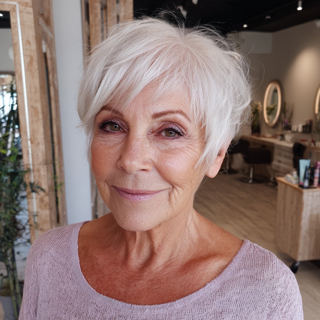 Woman over 70 with bright white pixie with a gentle fringe — flattering bangs hairstyle for women over 70