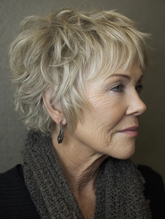 Woman over 70 with wavy blonde pixie-bob with soft bangs — flattering bangs hairstyle for women over 70