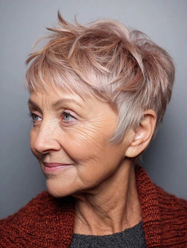 Woman over 70 with rose-tinted pixie with a side fringe — flattering bangs hairstyle for women over 70