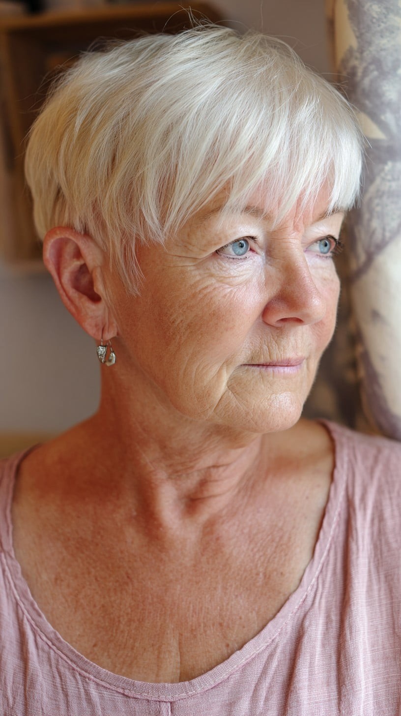 Woman over 70 with tapered white pixie with a soft fringe — flattering bangs hairstyle for women over 70