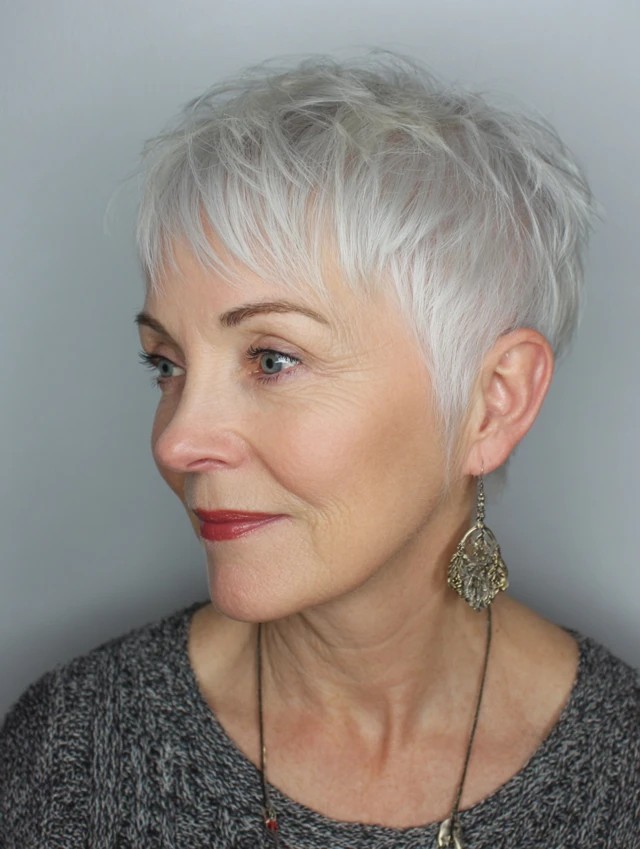 Woman over 70 with silver pixie with airy, wispy bangs — flattering bangs hairstyle for women over 70