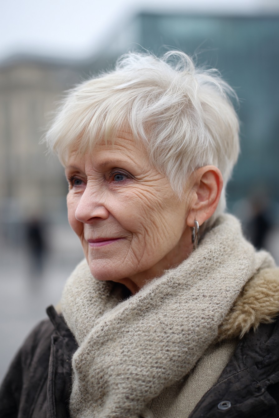 Woman over 70 with cosy white pixie with a soft fringe — flattering bangs hairstyle for women over 70