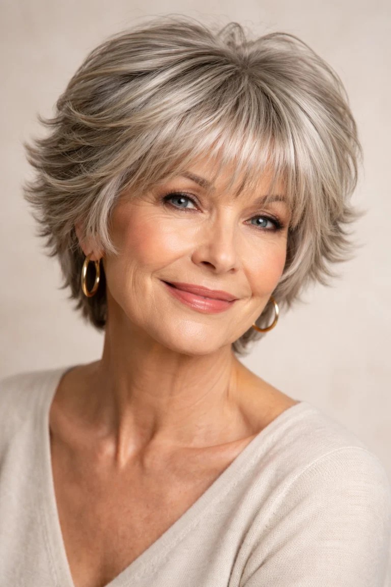 Woman over 70 with layered short crop with full, soft bangs — flattering bangs hairstyle for women over 70