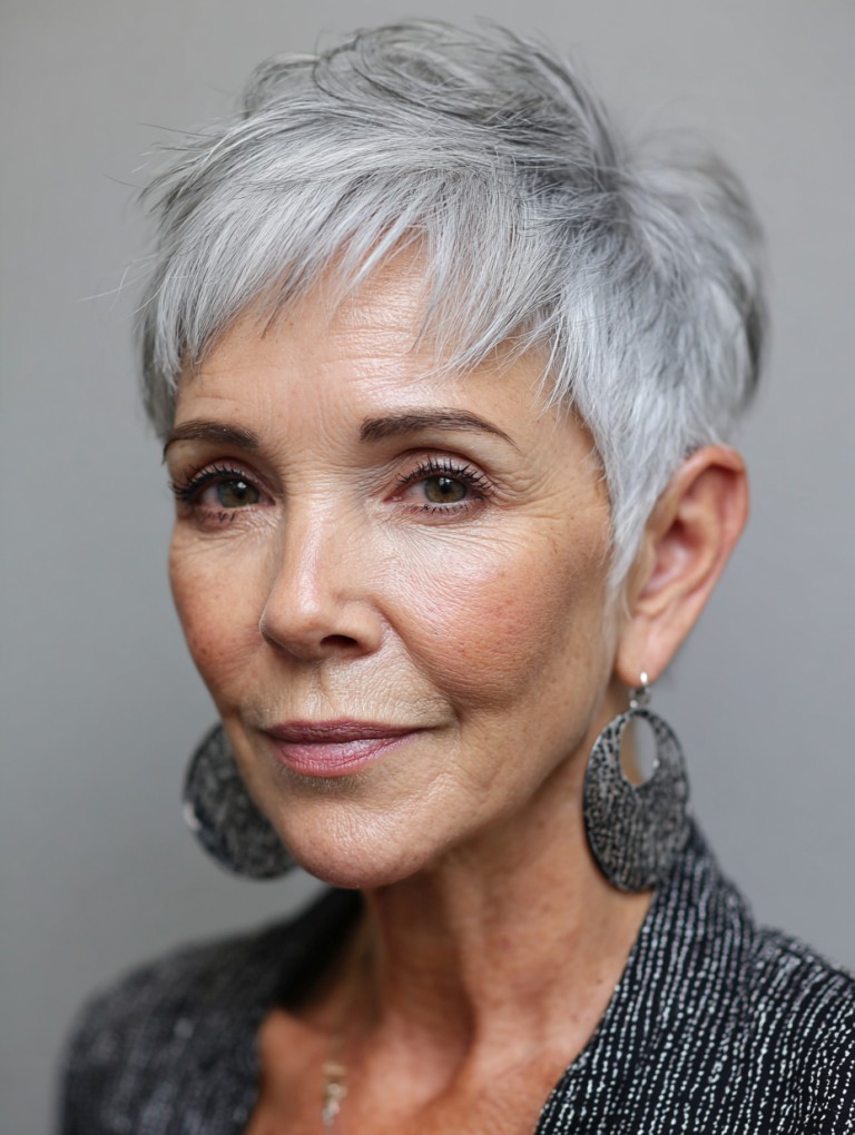Woman over 70 with silver pixie with a textured, broken fringe — flattering bangs hairstyle for women over 70