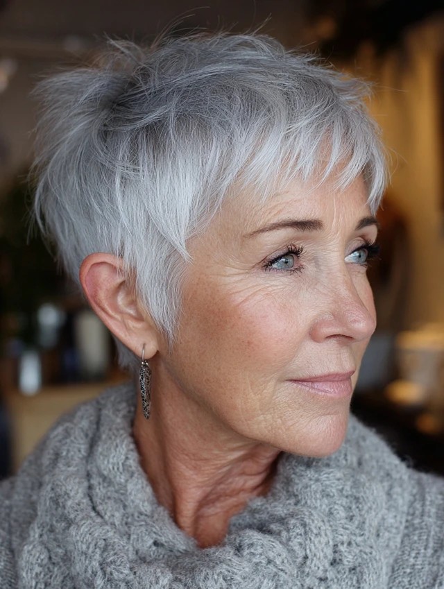 Woman over 70 with short silver pixie with a side fringe — flattering bangs hairstyle for women over 70