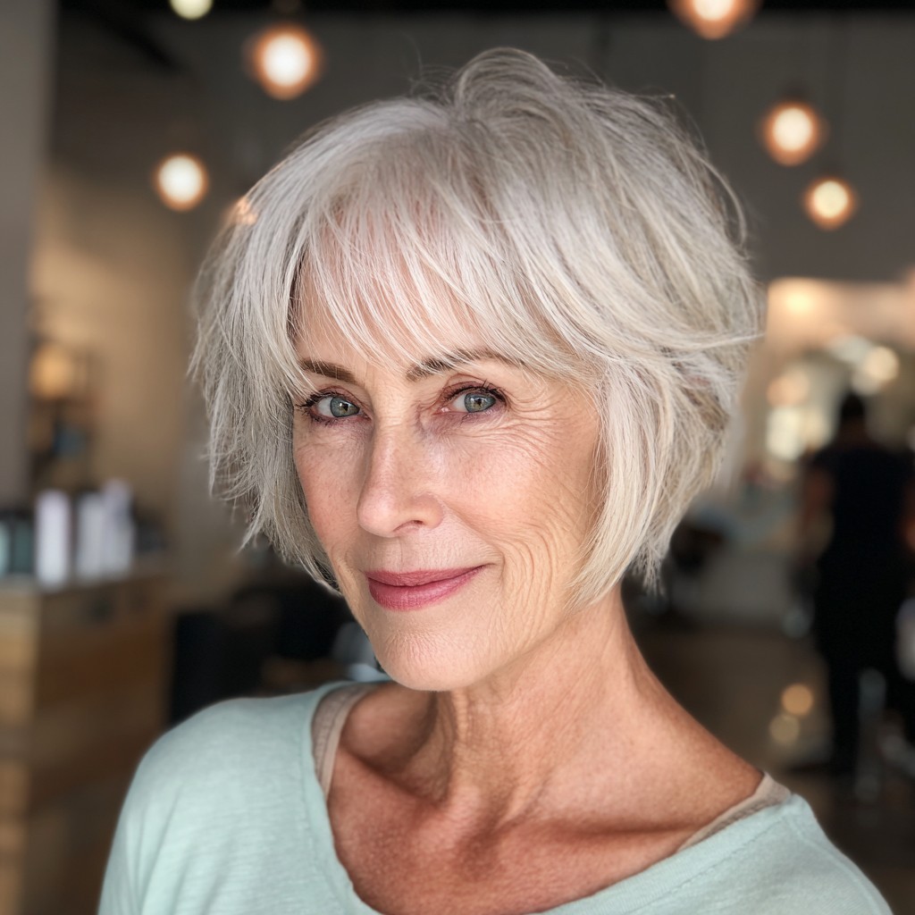 Woman over 70 with pixie-bob with wispy, brow-skimming bangs — flattering bangs hairstyle for women over 70