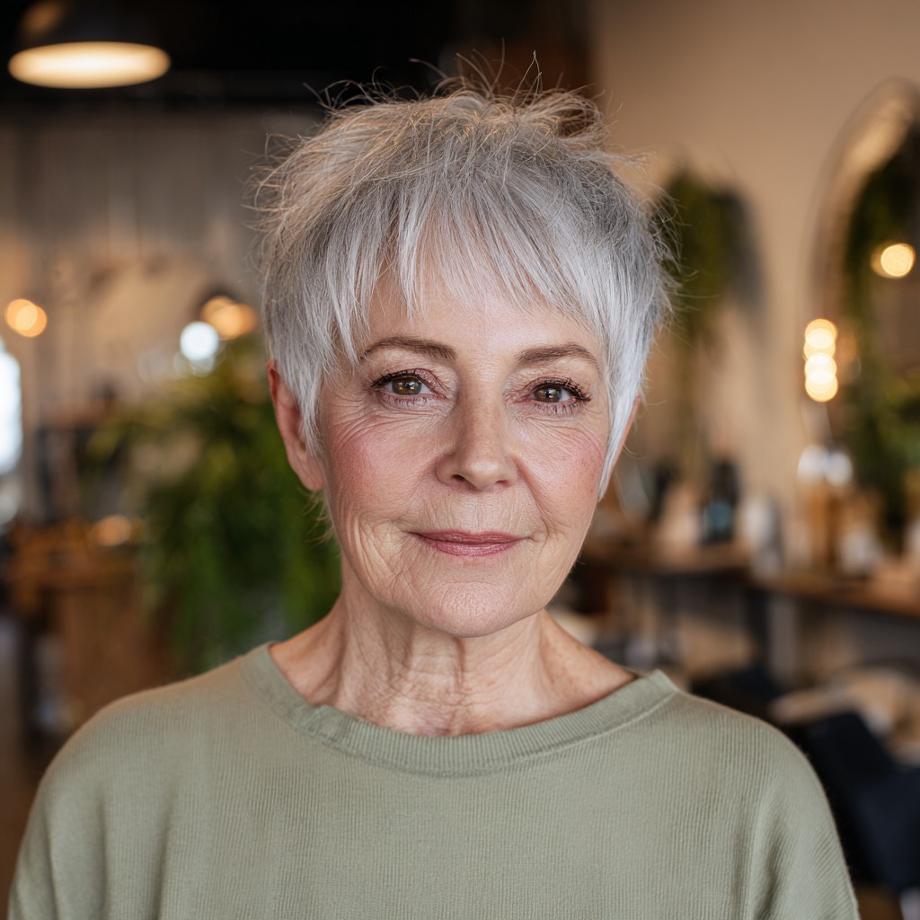 Woman over 70 with feathered pixie with a soft fringe — flattering bangs hairstyle for women over 70