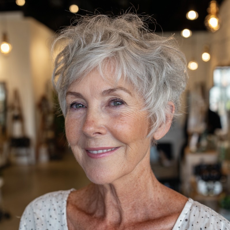 Woman over 70 with curly silver pixie with a light fringe — flattering bangs hairstyle for women over 70