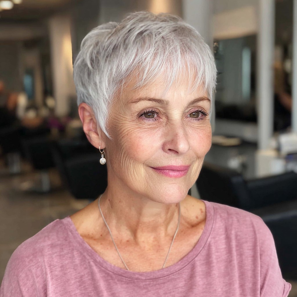 Woman over 70 with short pixie with soft, wispy bangs — flattering bangs hairstyle for women over 70