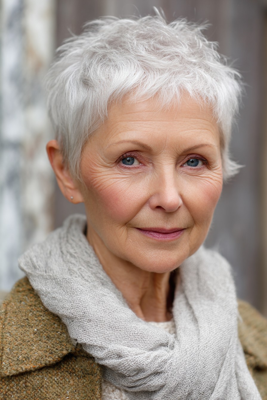 Woman over 70 with snow-white pixie with a short, neat fringe — flattering bangs hairstyle for women over 70