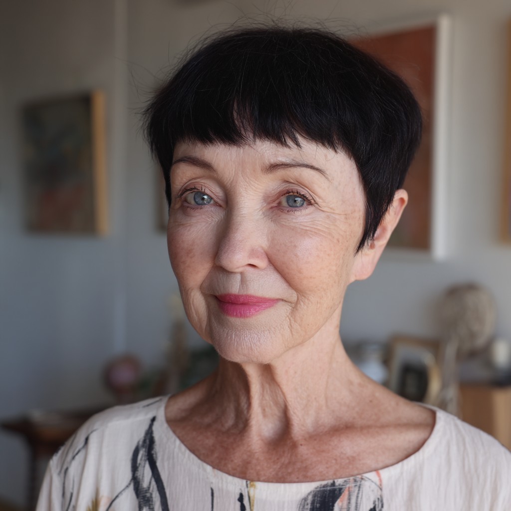 Woman over 70 with dark pixie bowl cut with a full fringe — flattering bangs hairstyle for women over 70