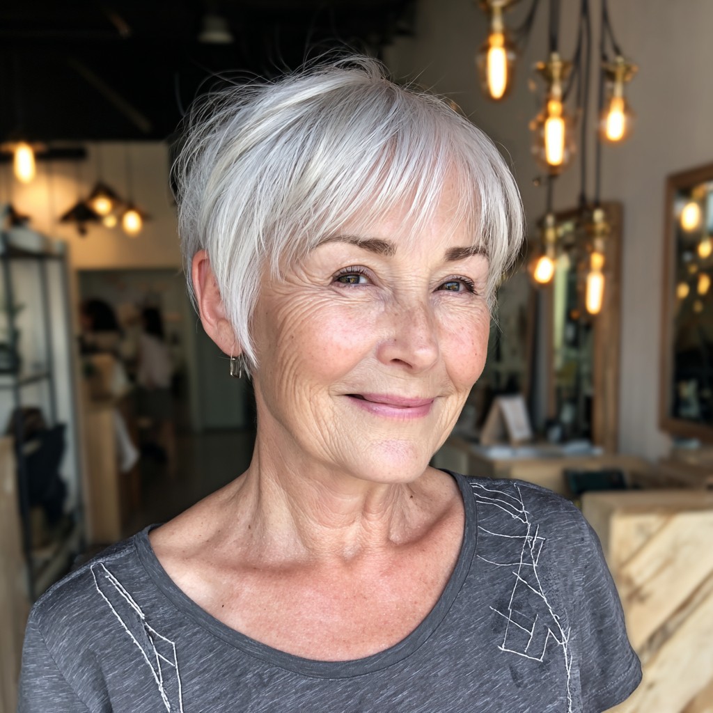 Woman over 70 with snow-white pixie with a side-swept fringe — flattering bangs hairstyle for women over 70