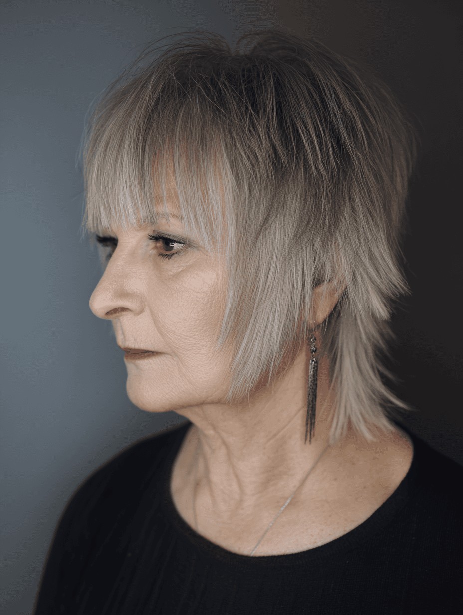 Woman over 70 with shaggy short layers with a choppy fringe — flattering bangs hairstyle for women over 70
