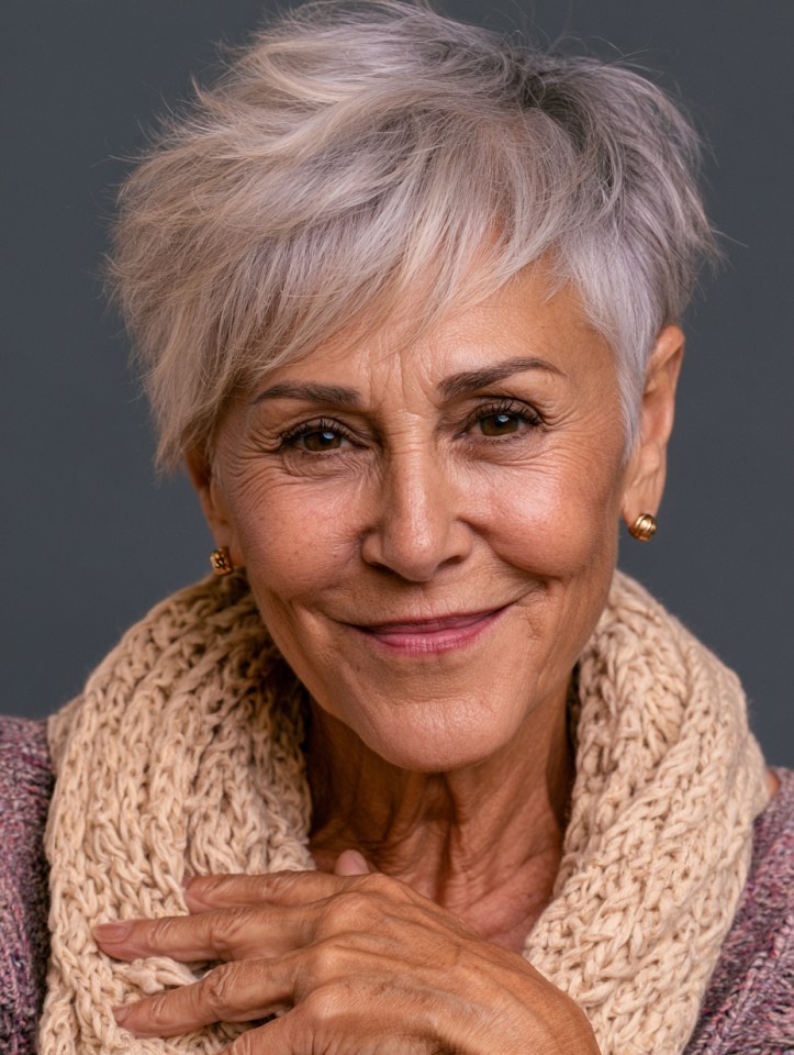 The Textured Pixie With All the Height on Top — short haircut on a woman over 70 with a soft jawline
