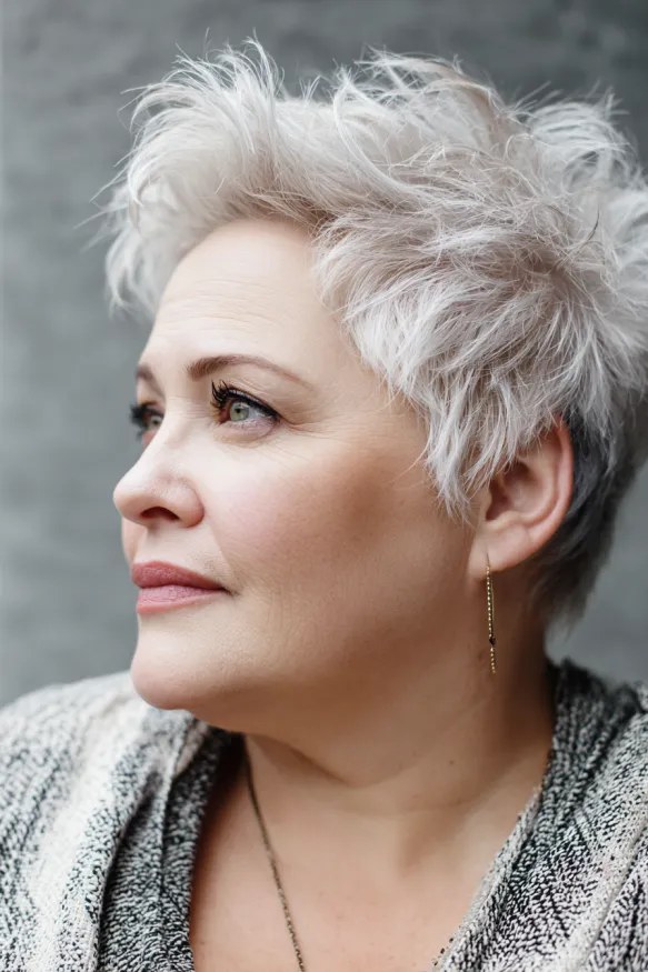 The Spiky White Pixie in a Confident Profile — short haircut on a woman over 70 with a soft jawline