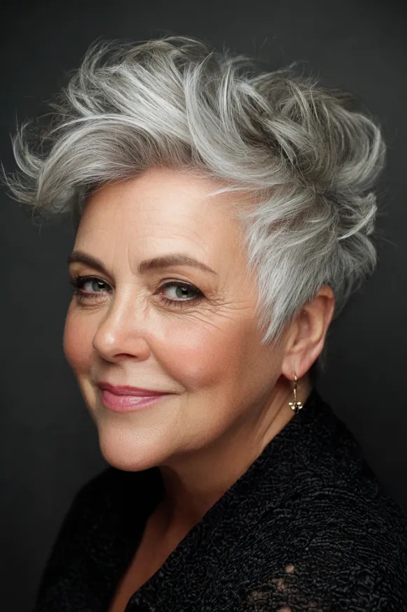 The Voluminous Swept Pixie With a Full Crown — short haircut on a woman over 70 with a soft jawline