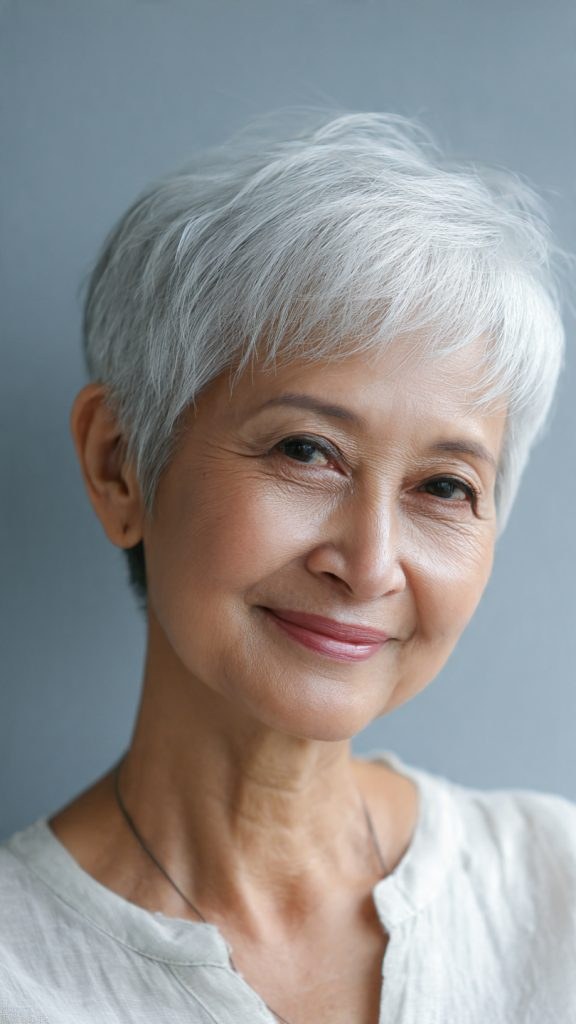 The Snow-White Pixie With a Gentle Fringe — short haircut on a woman over 70 with a soft jawline