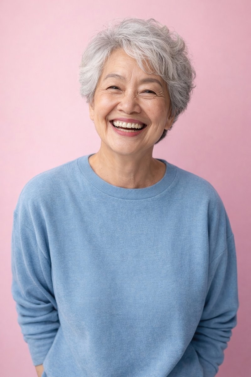 The Short Silver Crop With a Joyful Laugh — short haircut on a woman over 70 with a soft jawline