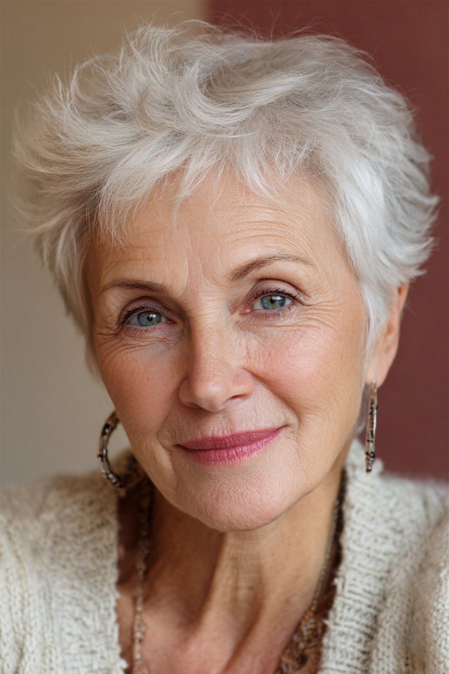 The Fluffy White Pixie With a Rounded Crown — short haircut on a woman over 70 with a soft jawline