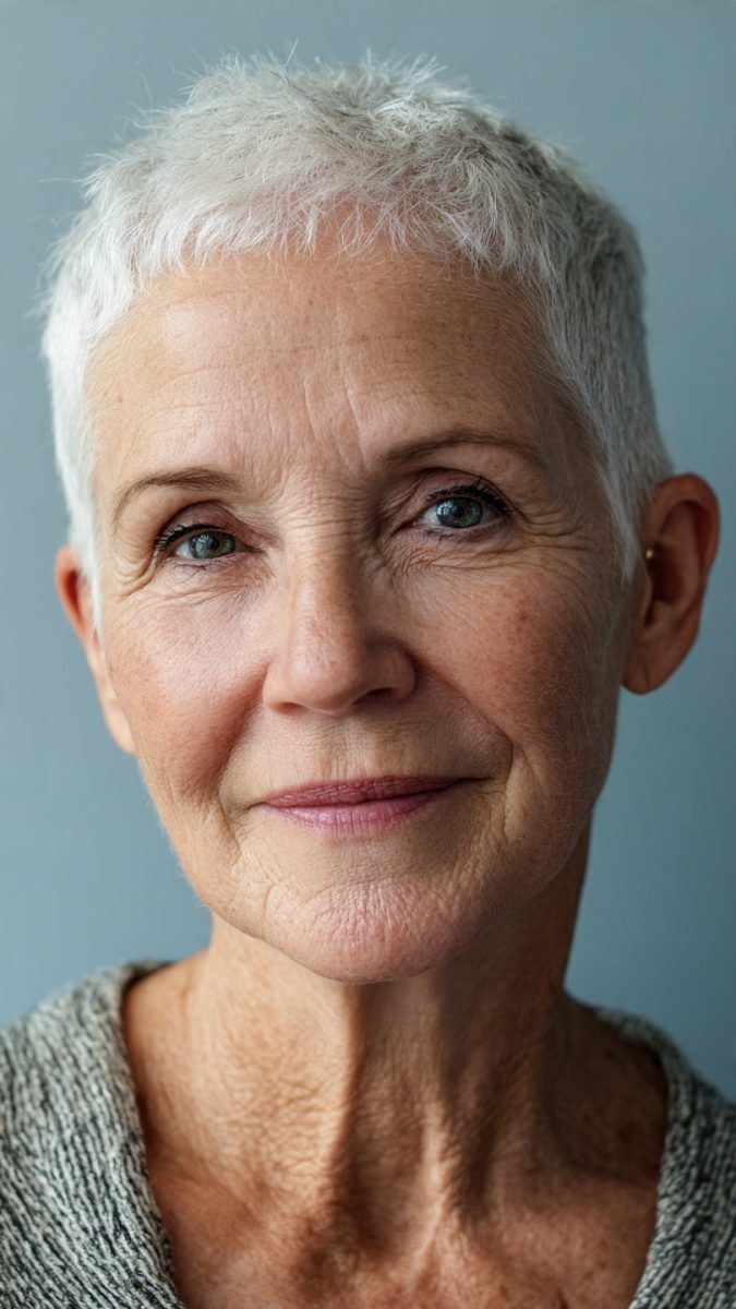 The Close White Crop With a Clean Neckline — short haircut on a woman over 70 with a soft jawline