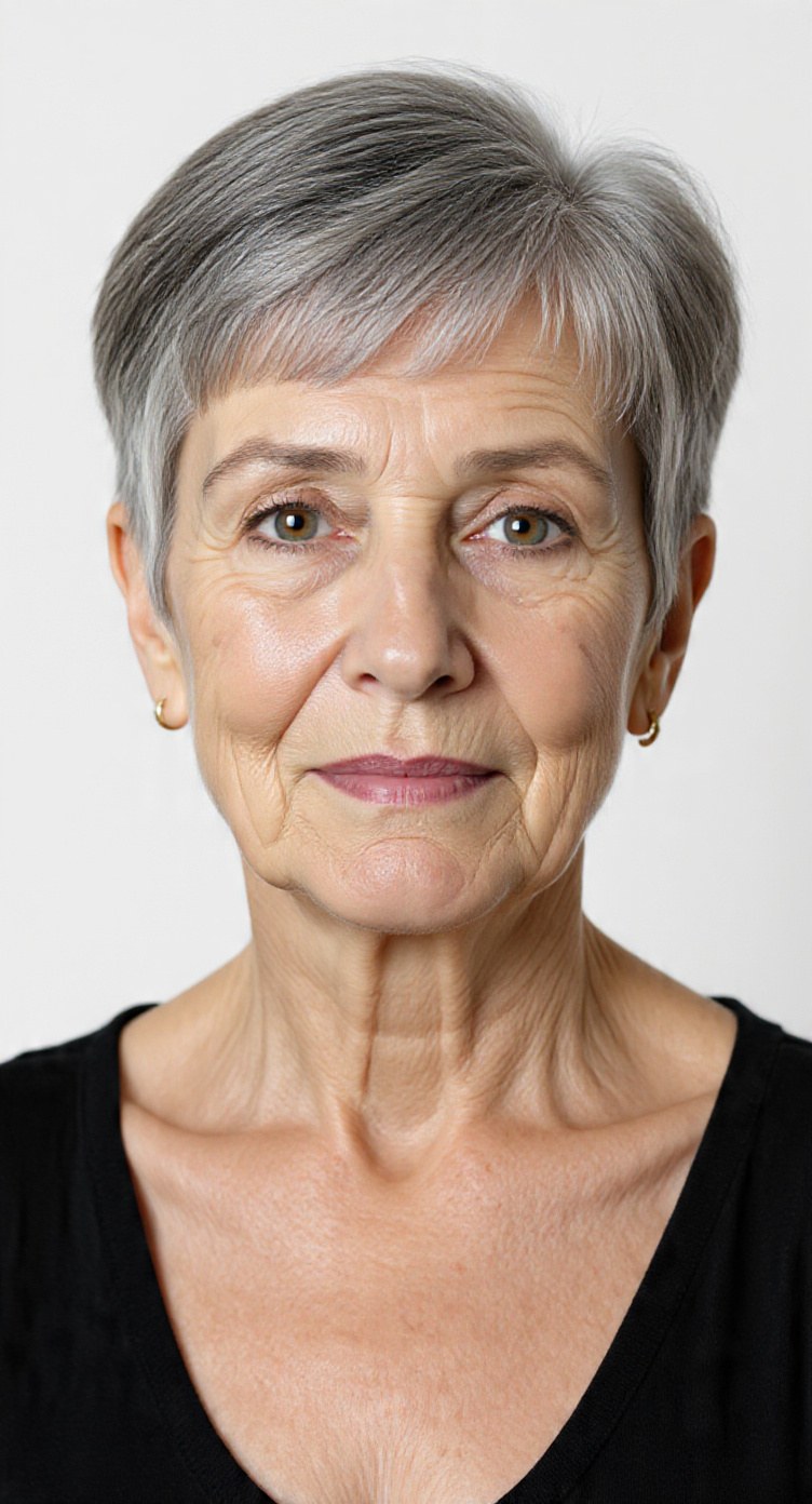 The Salt-and-Pepper Pixie With a Soft Fringe — short haircut on a woman over 70 with a soft jawline