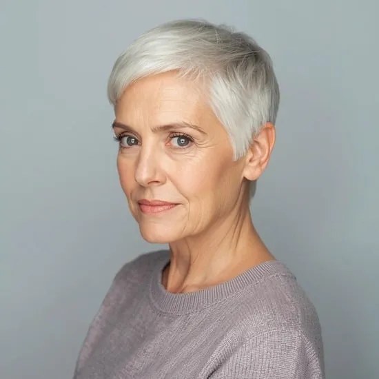 The Sleek Silver Crop, Tapered Clean — short haircut on a woman over 70 with a soft jawline