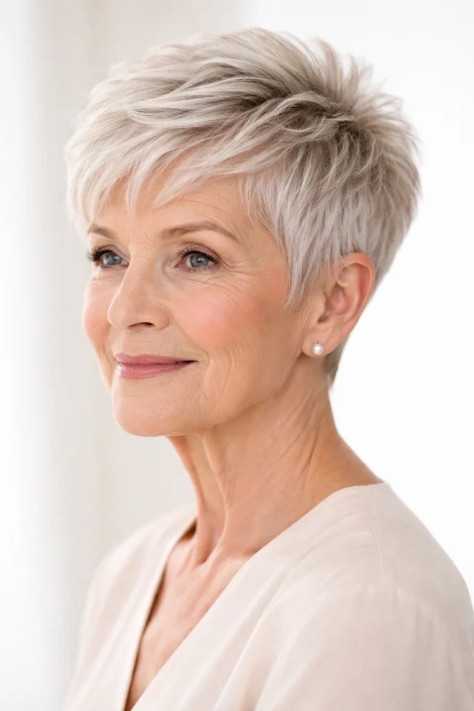 The Feathered Blonde-White Pixie in Profile — short haircut on a woman over 70 with a soft jawline