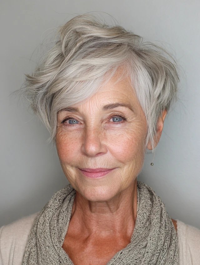 The Tousled Pixie With Wispy Edges — short haircut on a woman over 70 with a soft jawline