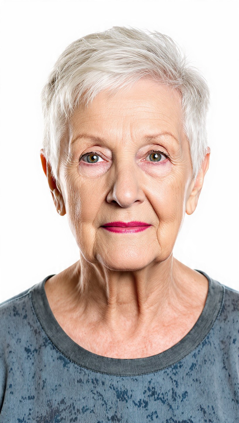 The Very Short White Crop, Soft and Simple — short haircut on a woman over 70 with a soft jawline