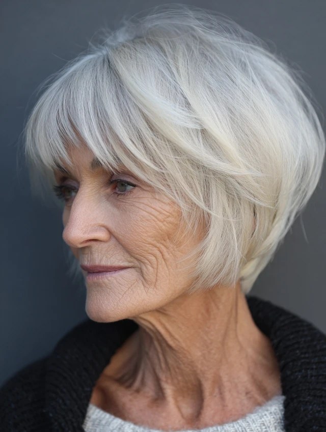 The Angled White Bob, Longer Toward the Front — short haircut on a woman over 70 with a soft jawline