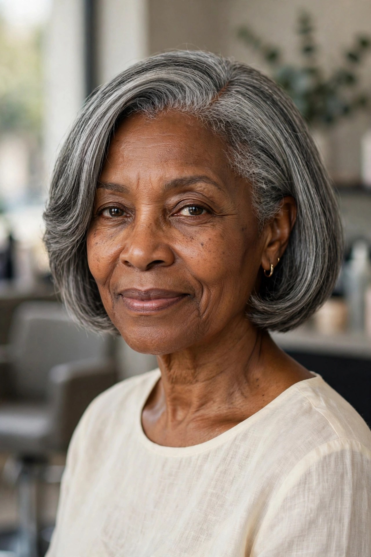 Short Gray Bob with a Deep Side Part - short gray haircut for Black woman over 50