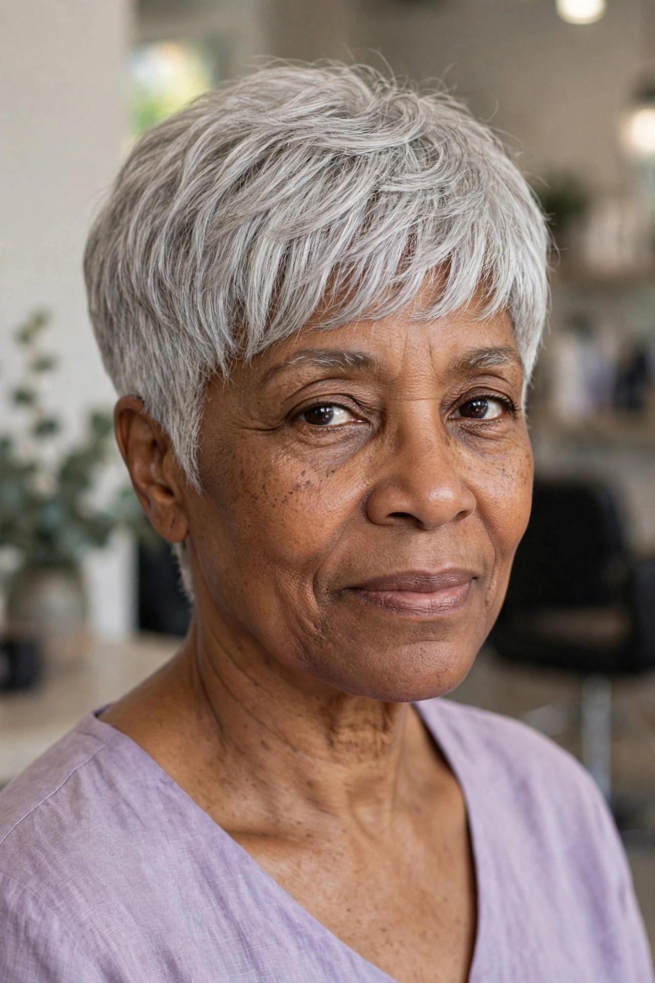Feathered Silver Pixie - short gray haircut for Black woman over 50
