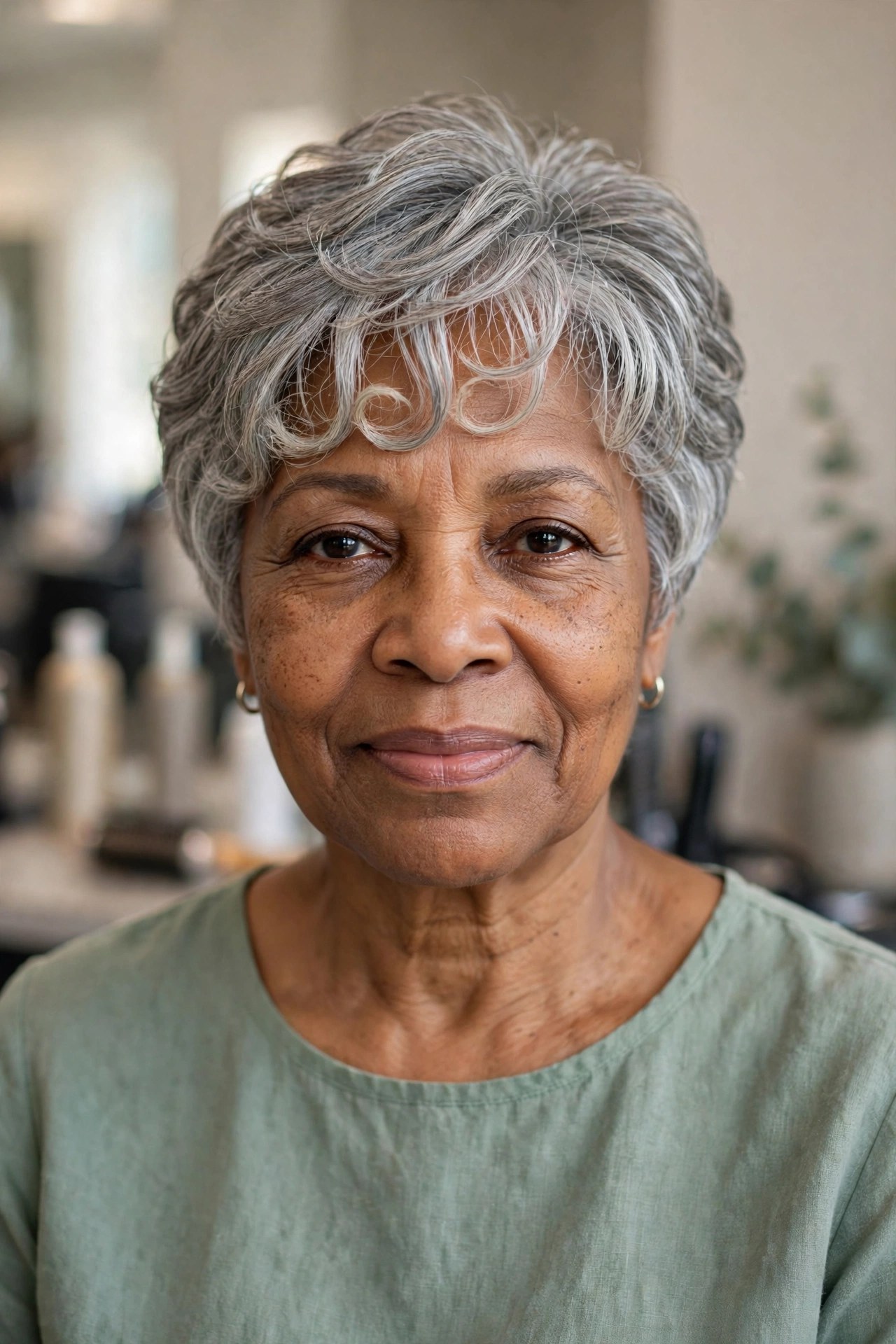 Gray Layered Crop with a Soft Fringe - short gray haircut for Black woman over 50